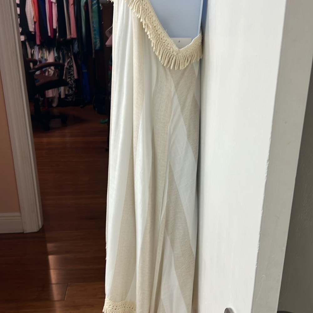 10. Olive Scent  White & khaki linen Dress Spaghetti straps, Fringe, Medium NWT - Picture 5 of 12